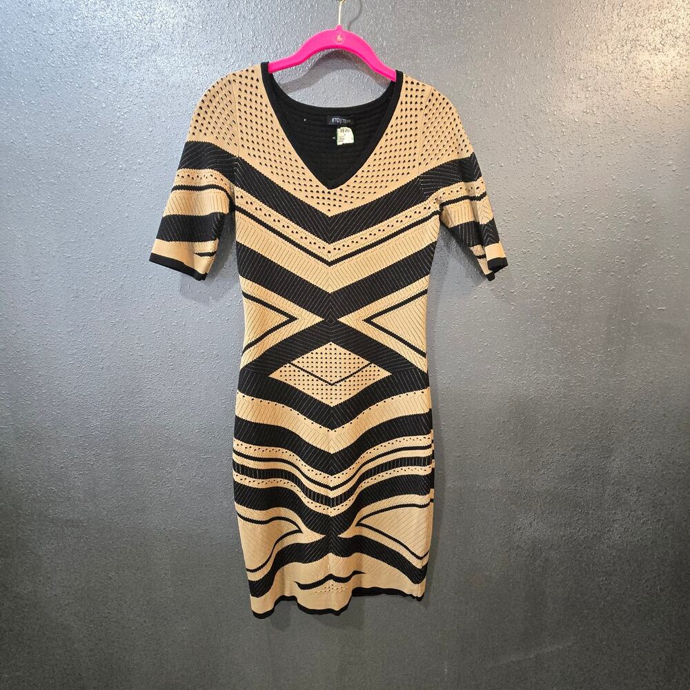 Etcetera Women's Black & Tan Knit Short Sleeve Geometric Bodycon Dress | S